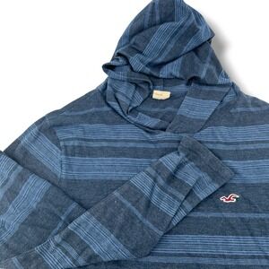 Hollister Lightweight Hooded T-Shirt Top Blue Striped Long Sleeve XL